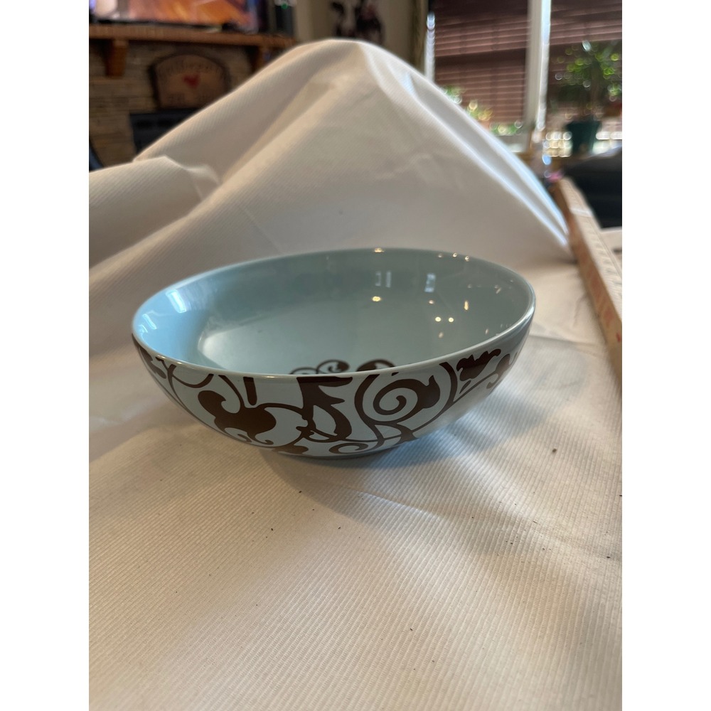 222 Fifth Rococo Blue Brown Fine China‎ Cereal Soup Bowl Scroll Medallion 6.75"